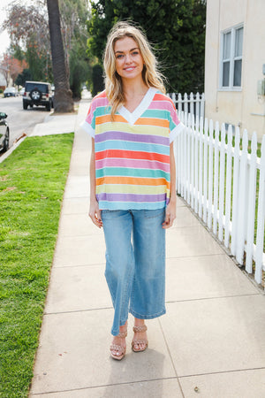 Bedazzled Rainbow Striped V Neck Drop Shoulder Thermal Knit Top - Coeur de la Mode