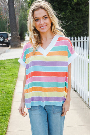 Bedazzled Rainbow Striped V Neck Drop Shoulder Thermal Knit Top - Coeur de la Mode