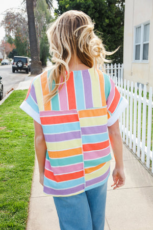 Bedazzled Rainbow Striped V Neck Drop Shoulder Thermal Knit Top - Coeur de la Mode