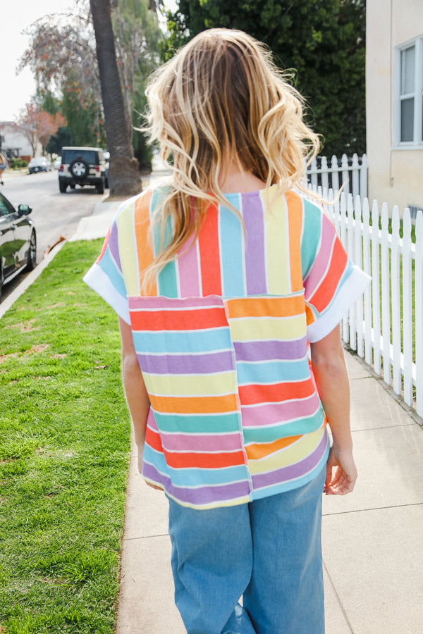 Bedazzled Rainbow Striped V Neck Drop Shoulder Thermal Knit Top - Coeur de la Mode