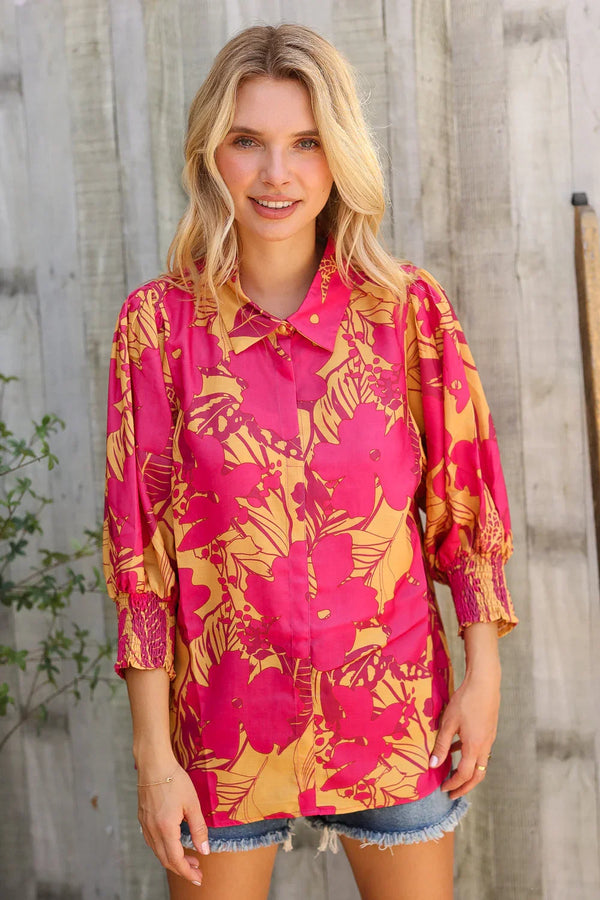 Elegant In Fuchsia Satin Button-Down Smock Long Sleeve Blouse