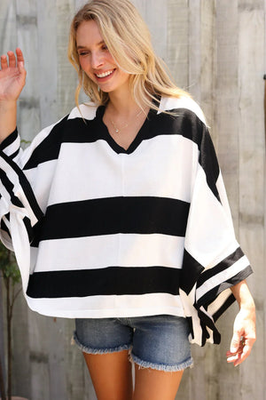 The Traveler Black/White Stripe Dolman Notch Neck Sweater Poncho