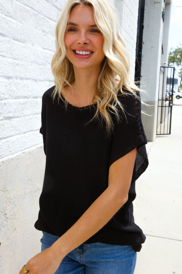 Stand Out Black Loose Knit Dolman Top/Coverup with Crochet Details