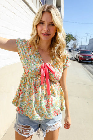 Be Charming Sage Floral Print Elastic Neck Ribbon Bow Tie Top - Coeur de la Mode