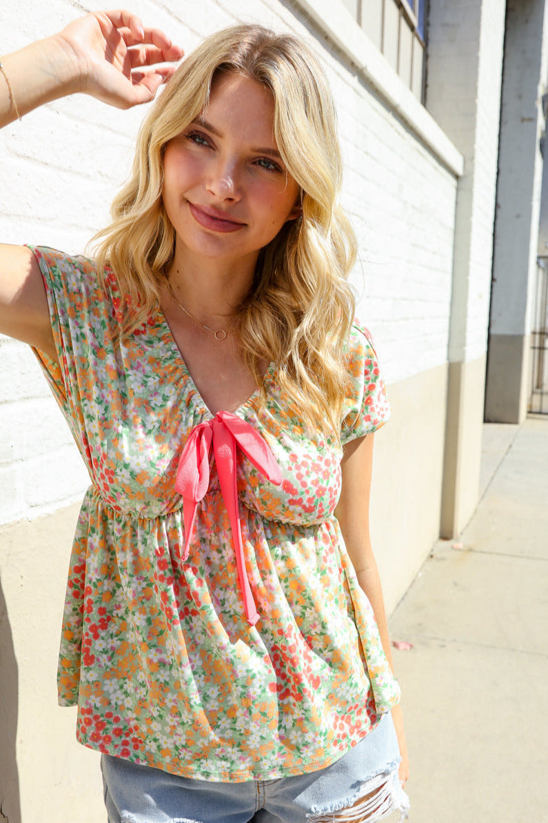 Be Charming Sage Floral Print Elastic Neck Ribbon Bow Tie Top - Coeur de la Mode