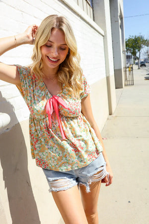 Be Charming Sage Floral Print Elastic Neck Ribbon Bow Tie Top - Coeur de la Mode