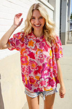 Perfectly You Fuchsia Big Floral Frill Neck Back Button Blouse - Coeur de la Mode