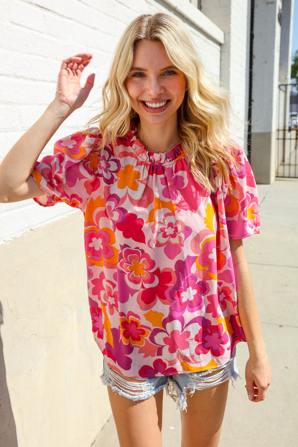 Perfectly You Fuchsia Big Floral Frill Neck Back Button Blouse - Coeur de la Mode