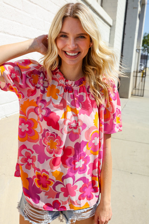 Perfectly You Fuchsia Big Floral Frill Neck Back Button Blouse - Coeur de la Mode