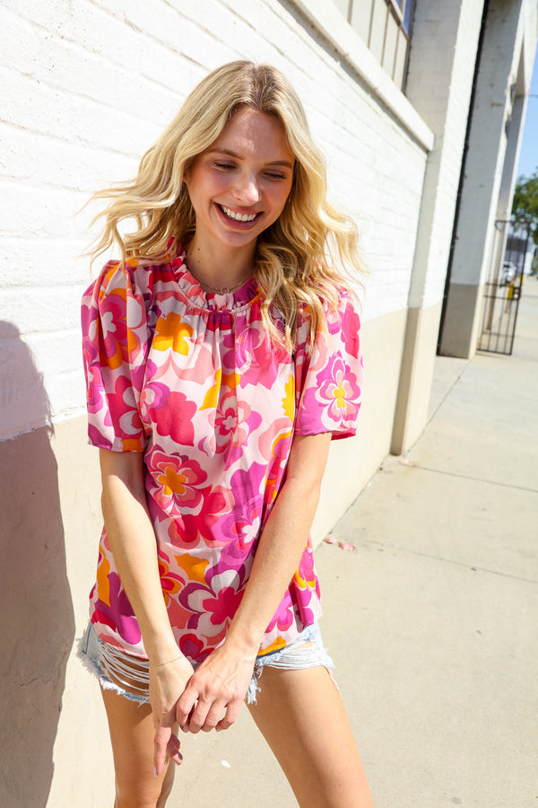 Perfectly You Fuchsia Big Floral Frill Neck Back Button Blouse - Coeur de la Mode