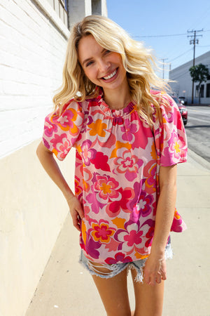 Perfectly You Fuchsia Big Floral Frill Neck Back Button Blouse - Coeur de la Mode