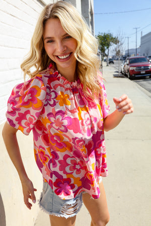 Perfectly You Fuchsia Big Floral Frill Neck Back Button Blouse - Coeur de la Mode