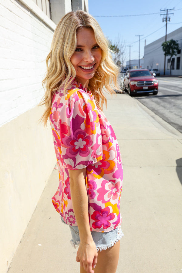 Perfectly You Fuchsia Big Floral Frill Neck Back Button Blouse - Coeur de la Mode