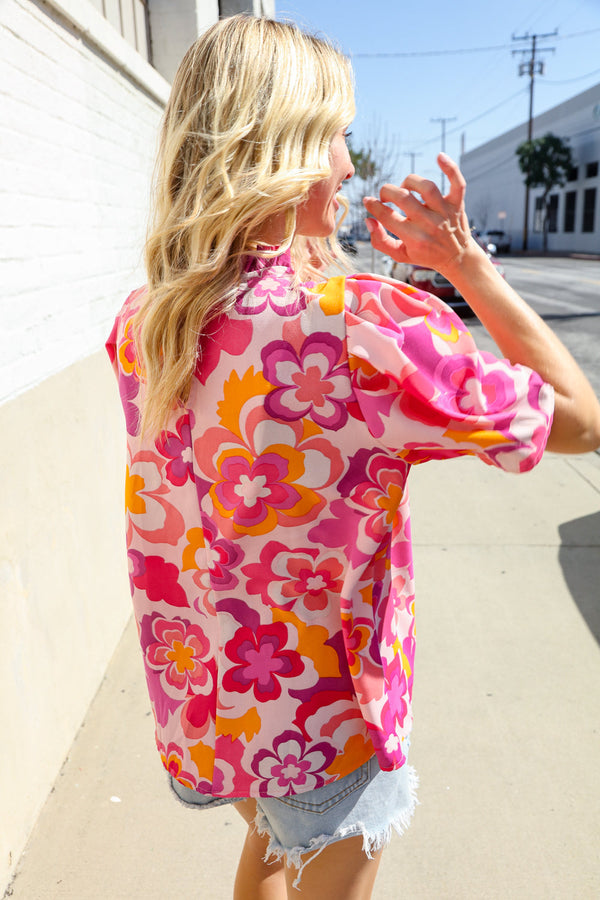 Perfectly You Fuchsia Big Floral Frill Neck Back Button Blouse - Coeur de la Mode