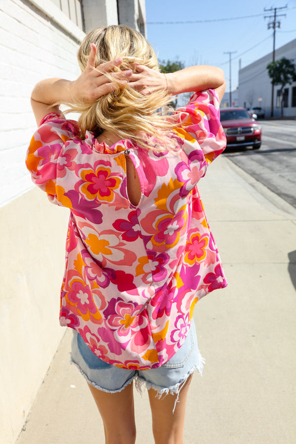 Perfectly You Fuchsia Big Floral Frill Neck Back Button Blouse - Coeur de la Mode