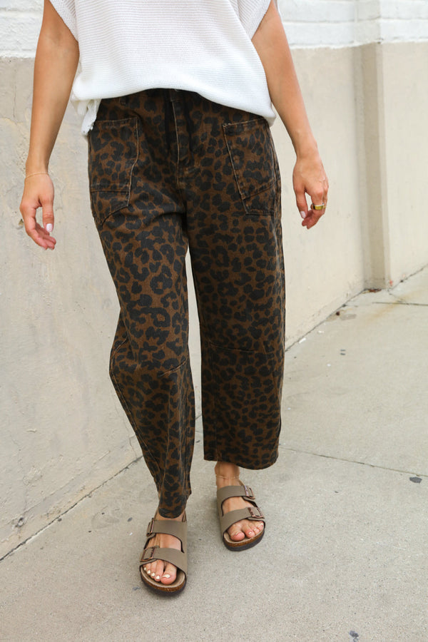 Be Bold Black Mid Rise Baggy Leopard Print Drawstring Patch Pocket Jeans