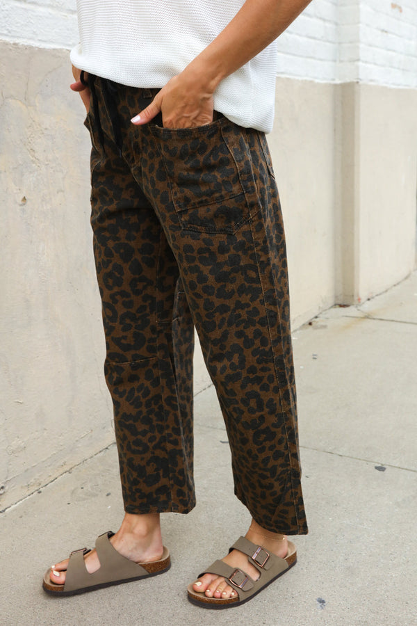 Be Bold Black Mid Rise Baggy Leopard Print Drawstring Patch Pocket Jeans