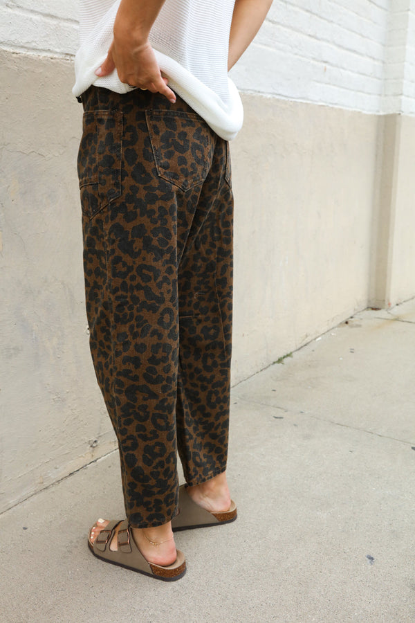 Be Bold Black Mid Rise Baggy Leopard Print Drawstring Patch Pocket Jeans