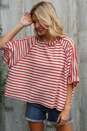 Casual Chic Cotton Red & Cream Stripe Raglan 3/4 Sleeve Pullover