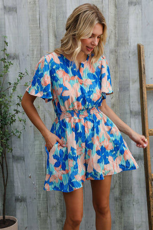 Feeling Bold Turquoise Floral Smocked Waist Flutter Sleeve Romper