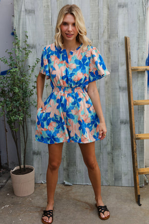Feeling Bold Turquoise Floral Smocked Waist Flutter Sleeve Romper