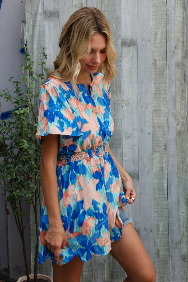 Feeling Bold Turquoise Floral Smocked Waist Flutter Sleeve Romper