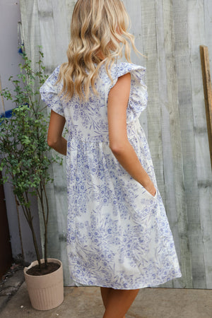Vintage Vibes Dusty Blue Folded Ruffle Short Sleeve Babydoll Dress
