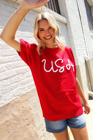 Patriotic USA Red Knit Embroidery Puff Sleeve Sweater Top