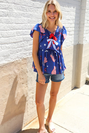 American Flag Blue & Red Stars & Bow Print Woven Top