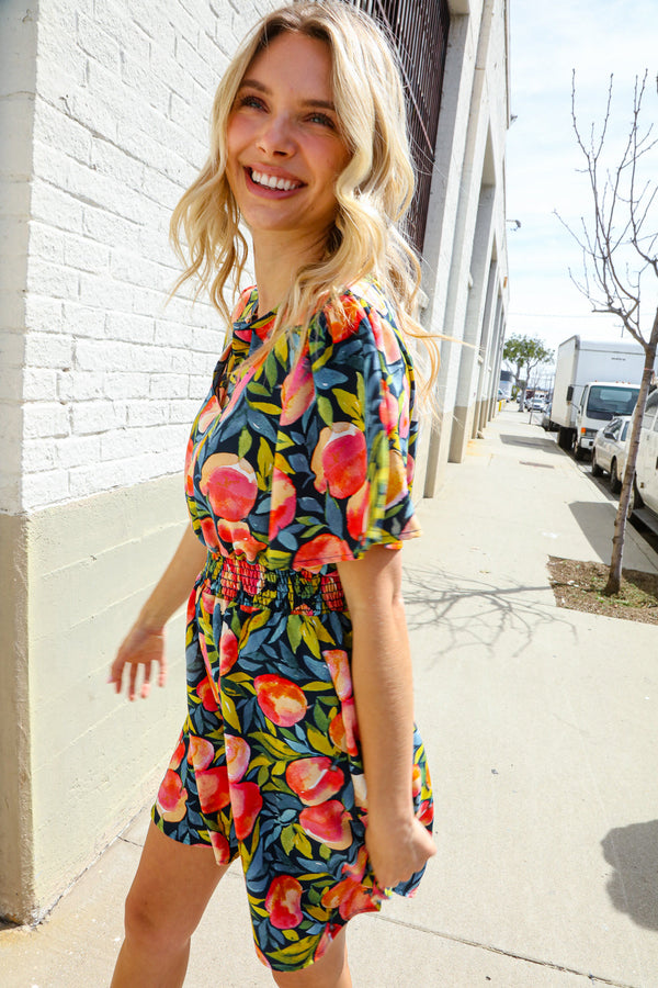 Sunny Days Floral Print Smocked Waist Back Neck Button Romper