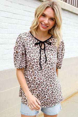 Everyday Animal Print Collar Notch Front Tie Knit Top - Coeur de la Mode