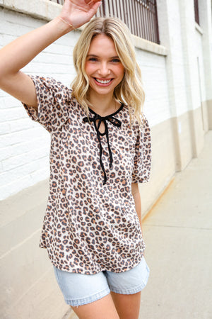 Everyday Animal Print Collar Notch Front Tie Knit Top - Coeur de la Mode