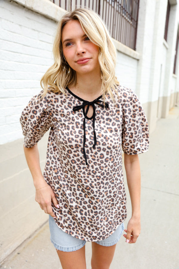 Everyday Animal Print Collar Notch Front Tie Knit Top - Coeur de la Mode