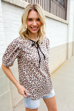 Everyday Animal Print Collar Notch Front Tie Knit Top - Coeur de la Mode