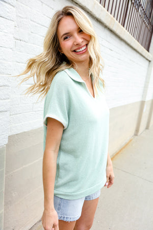 Weekend Ready Sage Collar Notch Neck Waffle Knit Top - Coeur de la Mode