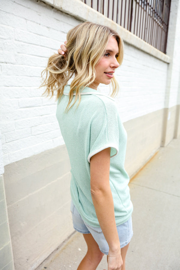 Weekend Ready Sage Collar Notch Neck Waffle Knit Top - Coeur de la Mode