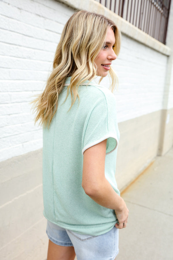 Weekend Ready Sage Collar Notch Neck Waffle Knit Top - Coeur de la Mode