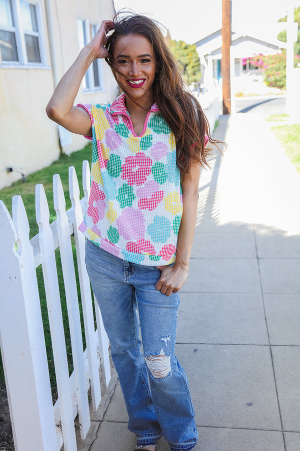 Spring Vibes Multicolor Floral Collar Notch Neck Waffle Knit Top - Coeur de la Mode