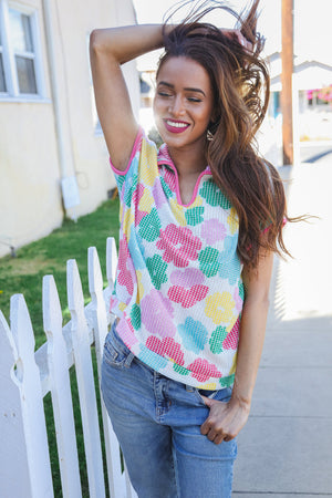 Spring Vibes Multicolor Floral Collar Notch Neck Waffle Knit Top - Coeur de la Mode