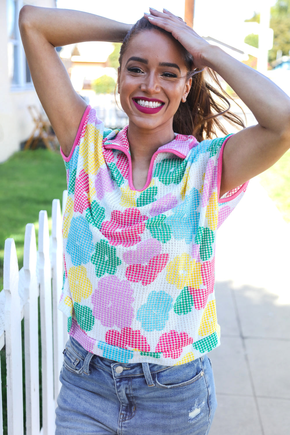 Spring Vibes Multicolor Floral Collar Notch Neck Waffle Knit Top - Coeur de la Mode