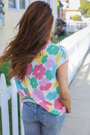 Spring Vibes Multicolor Floral Collar Notch Neck Waffle Knit Top - Coeur de la Mode