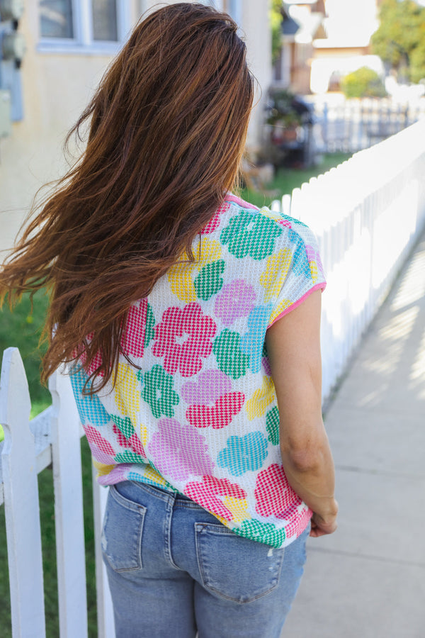 Spring Vibes Multicolor Floral Collar Notch Neck Waffle Knit Top - Coeur de la Mode