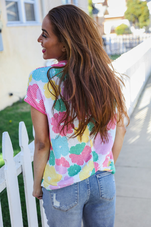 Spring Vibes Multicolor Floral Collar Notch Neck Waffle Knit Top - Coeur de la Mode