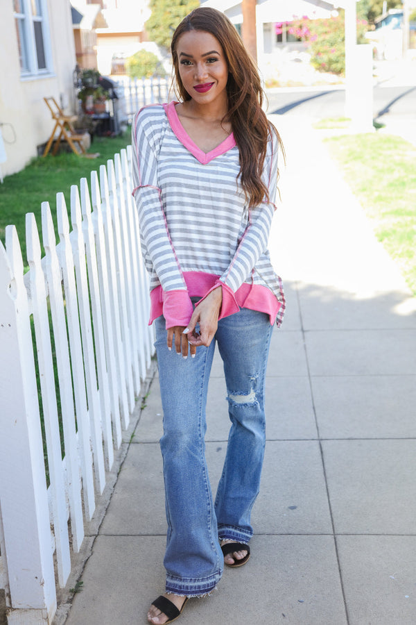 Weekend Ready Heather Grey Stripe Hi-Lo Out Seam Stitch Pullover - Coeur de la Mode