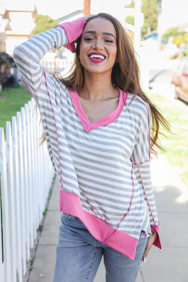 Weekend Ready Heather Grey Stripe Hi-Lo Out Seam Stitch Pullover - Coeur de la Mode