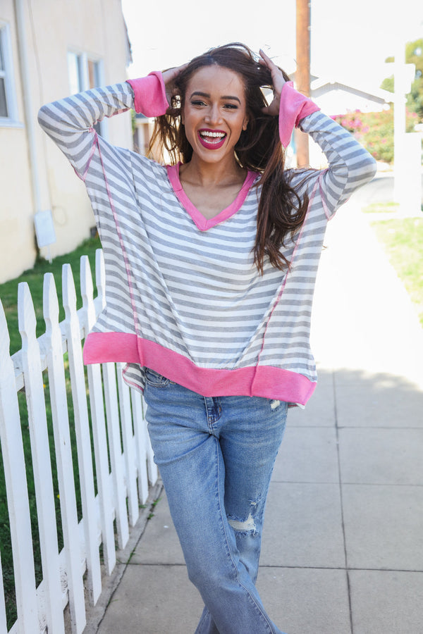 Weekend Ready Heather Grey Stripe Hi-Lo Out Seam Stitch Pullover - Coeur de la Mode