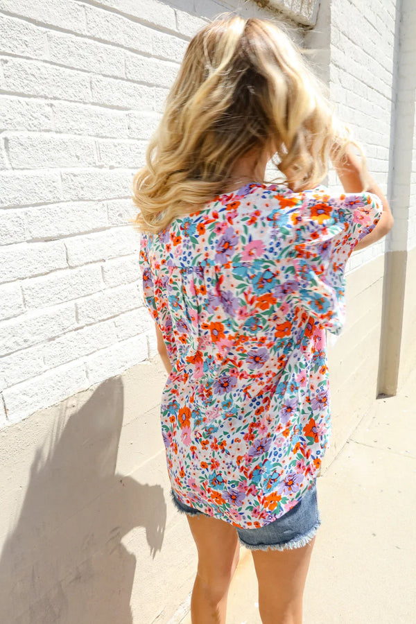 Beautiful You Ivory Floral Print Notch Neck Puff Short Sleeve Top