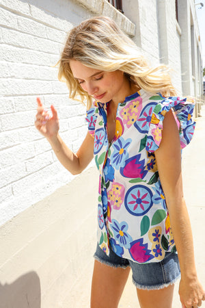 Adorable You White & Blue Abstract Print Flutter Sleeve Notch Neck Top
