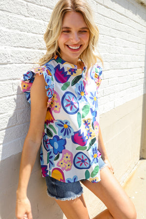 Adorable You White & Blue Abstract Print Flutter Sleeve Notch Neck Top