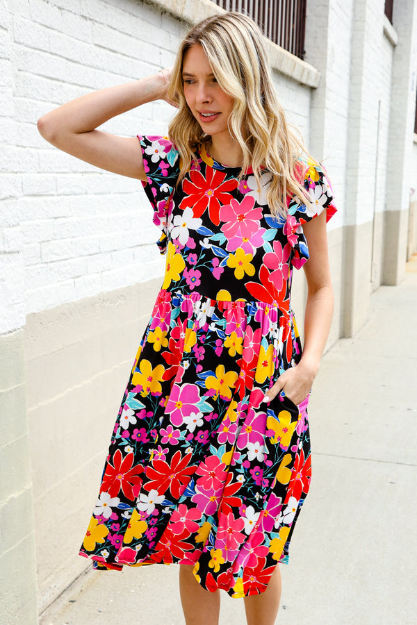 Spread Joy Black & Multicolor Floral Flutter Sleeve Babydoll Dress - Coeur de la Mode